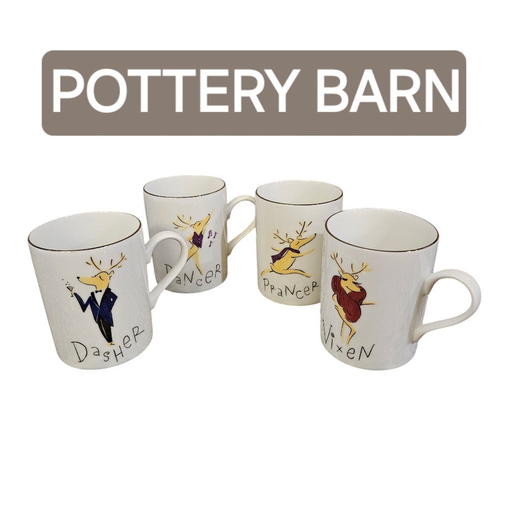 Pottery Barn Santa Reindeer Mugs, Set of 4, Dasher Dancer Prancer Vixen